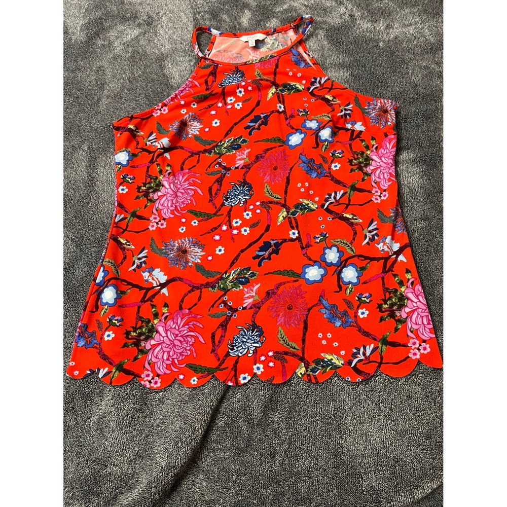 Candies Red Floral Halter Neck Top Scalloped Hem Sleeveless Blouse Womens Medium